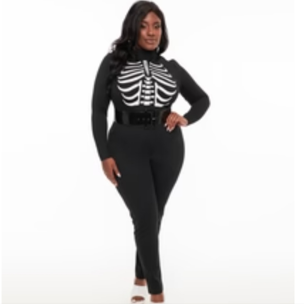Smak Parlour Plus Size 1960s Black & White Skeleton Glow in the Dark Jumpsuit
